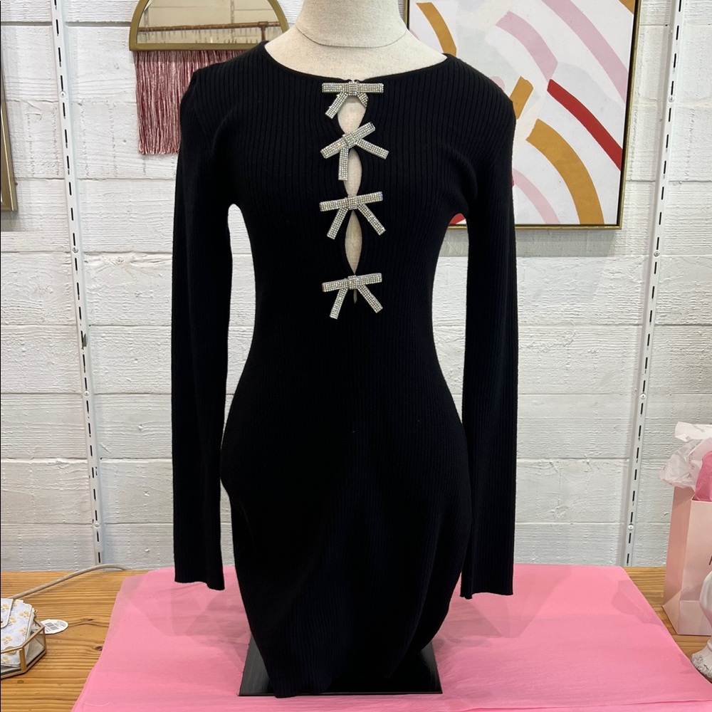 Le Lis Black Long Sleeve Dress with Silver Bow Details